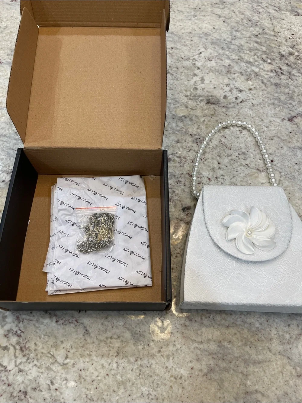 NIB Mulian LilY Floral Lace & Pearl Handle Bridal Evening Clutch Bag White